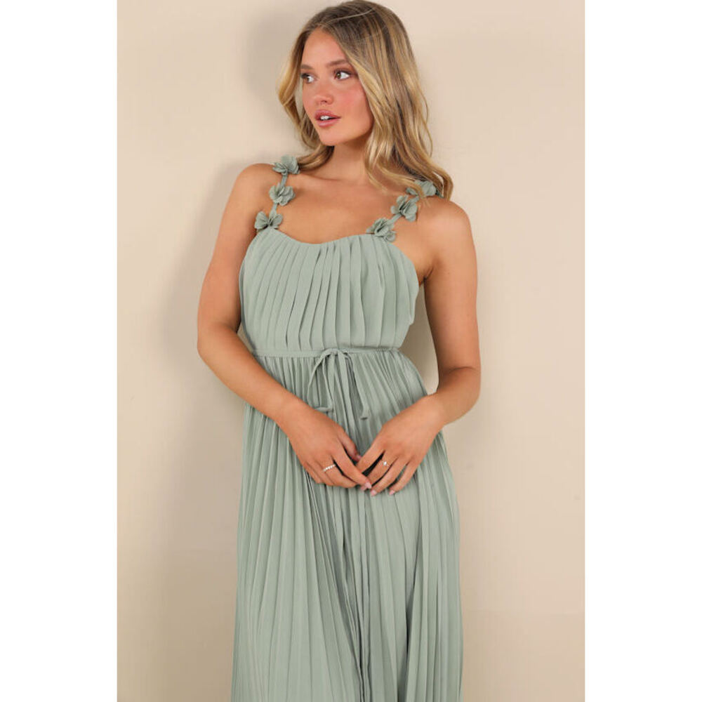 Lulus Hera Sage Pleated Floral Applique Maxi Dress Green - Size M